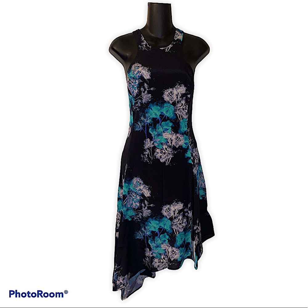 KIIND OF Jet Black Teal Floral Larisa Dress Sz M